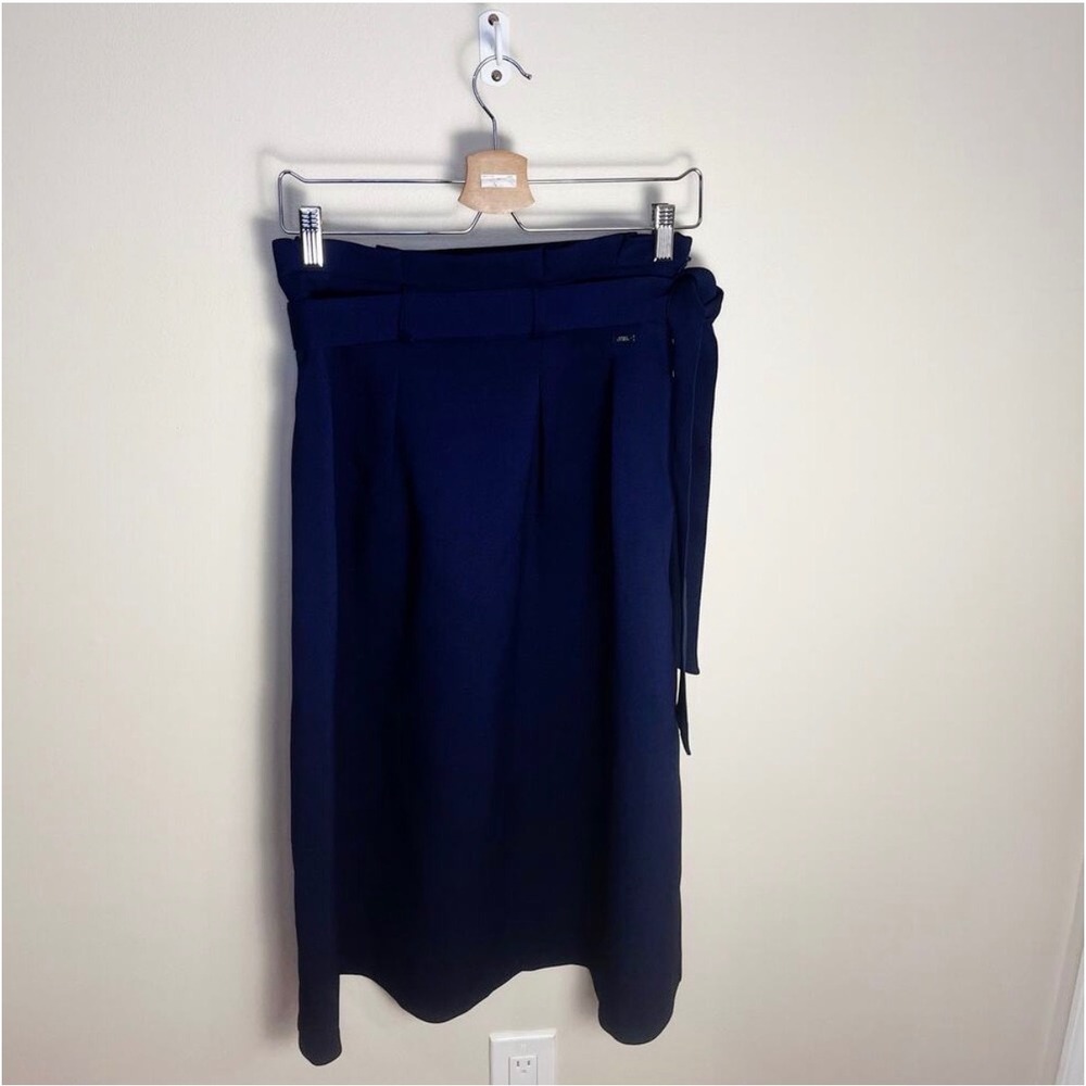 Armani Exchange Skirt Womens 4 Navy Blue A-Line Midi High Waist Tie Belt Pleated - Picture 4 of 10
